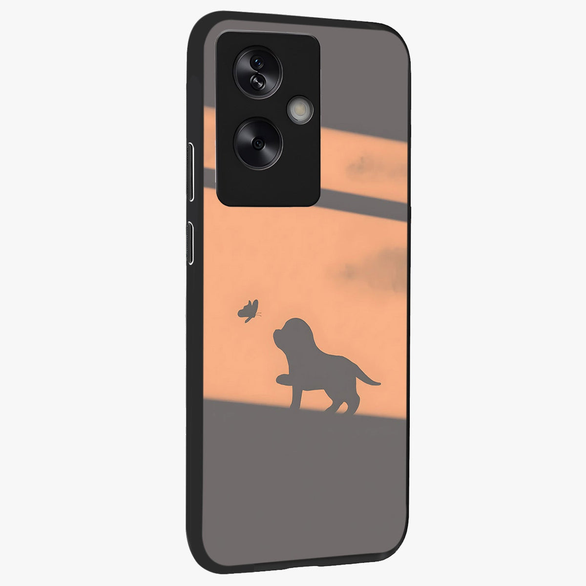 Puppy Shadow Art Glass Case upright view showcasing charming puppy artwork with creative silhouette theme.