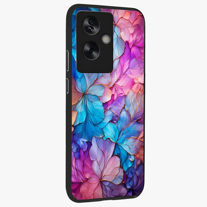 Radiant Floral Whirl Glass Case upright view showcasing lively floral artwork with decorative swirl theme.
