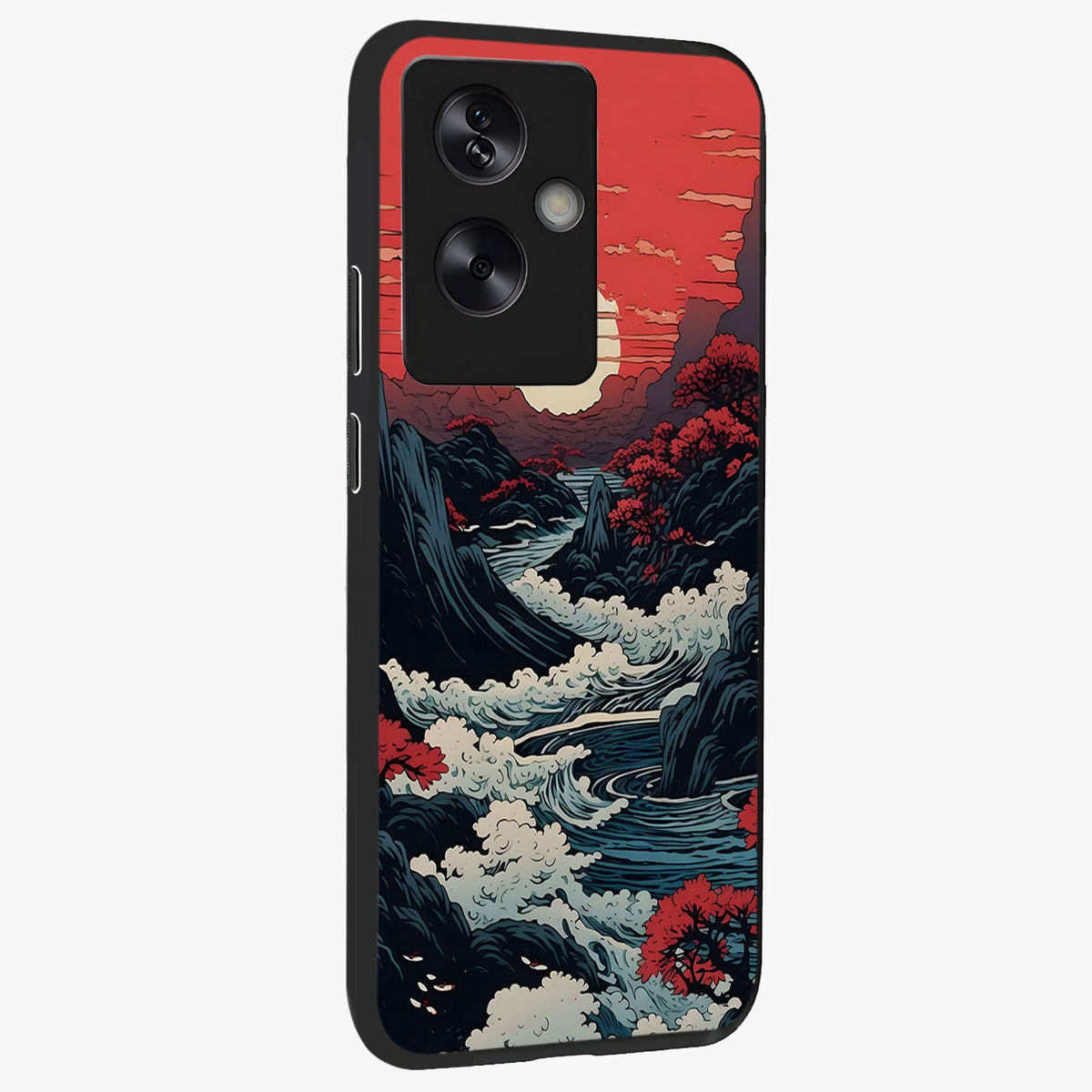 Red Sunset Scenery Glass Case upright view showcasing dramatic sunset scenery artwork with warm nature theme.