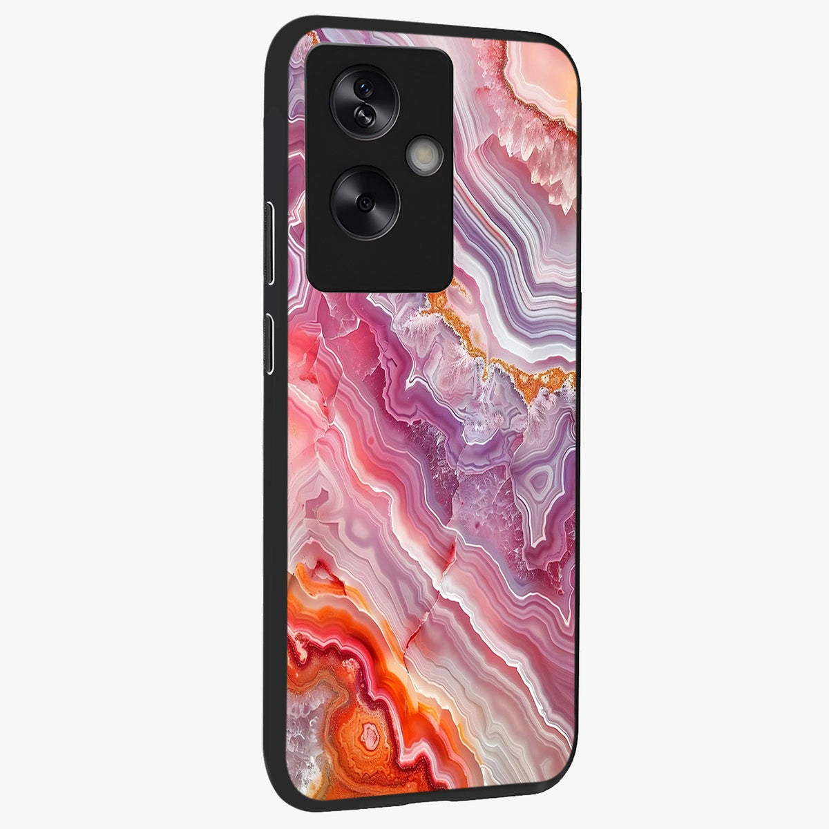 Rose Quartz Marble Glass Case upright view showcasing decorative marble artwork with luxurious pastel theme.