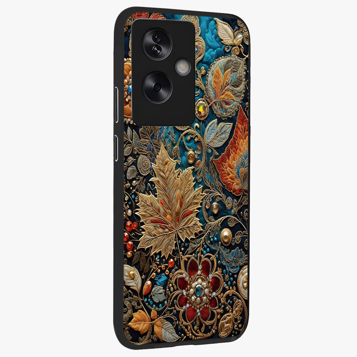 Royal Jewel Garden Glass Case upright view showcasing rich floral artwork with luxurious garden theme.