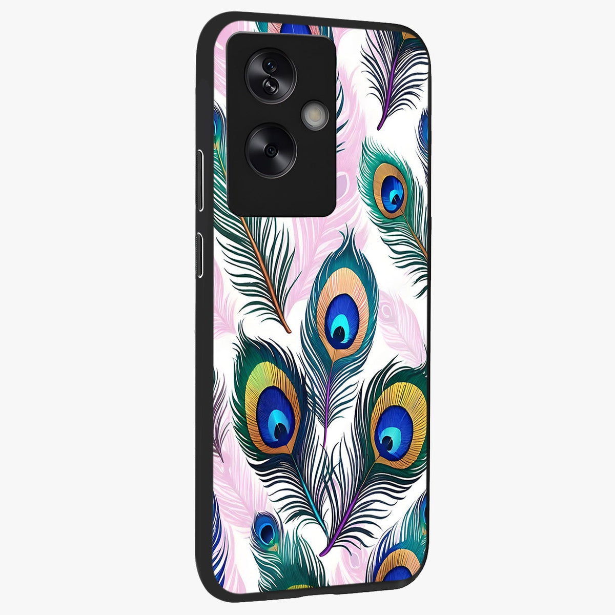 Royal Peacock Feathers Glass Case upright view showcasing elegant peacock feather artwork with decorative royal theme.