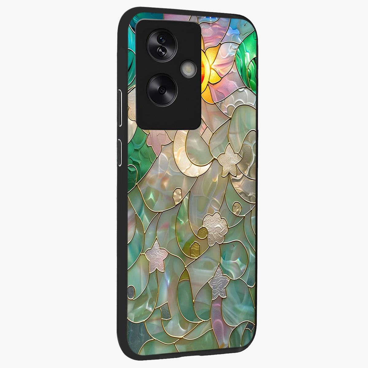 Stained Sunrise Glow Glass Case upright view showcasing colorful sunrise artwork with warm morning theme.