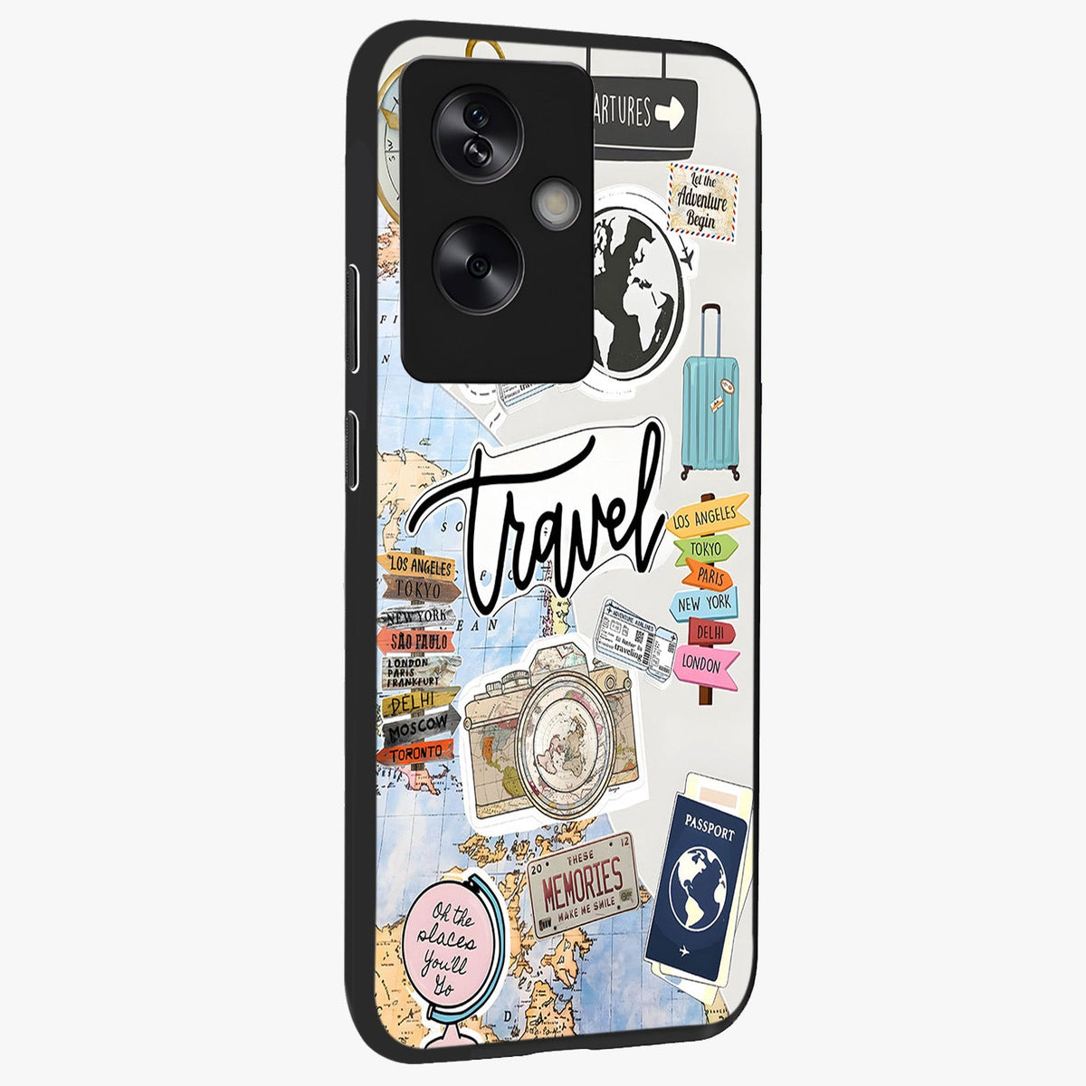 Wanderlust Journal Glass Case upright view showcasing wanderlust inspired artwork with creative exploration theme.