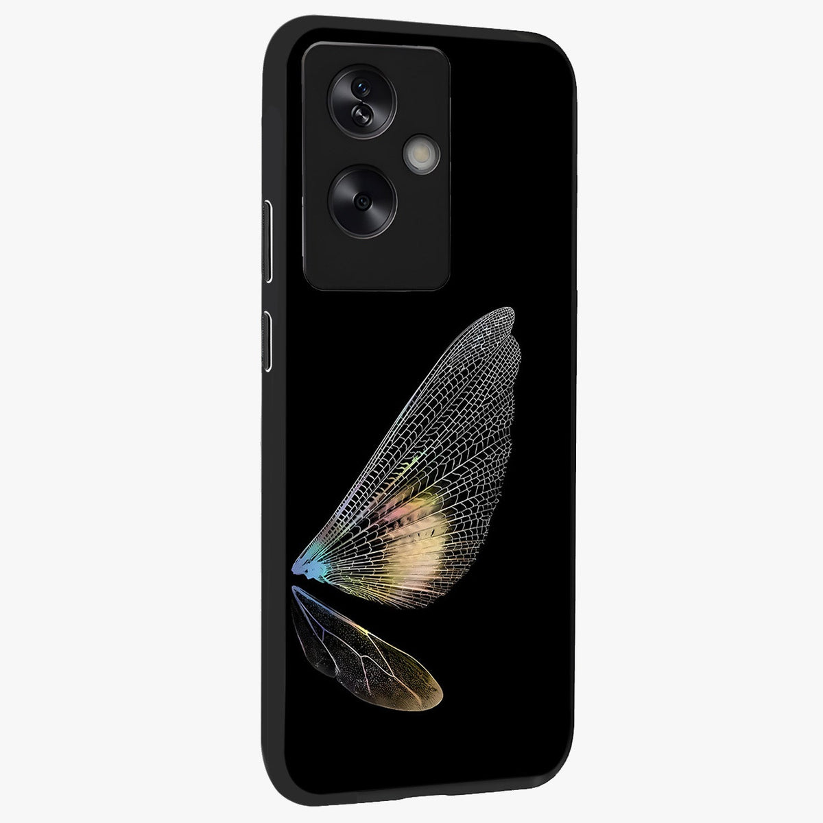 Whispers Of Wings Glass Case upright view showcasing elegant wing artwork with light airy theme.