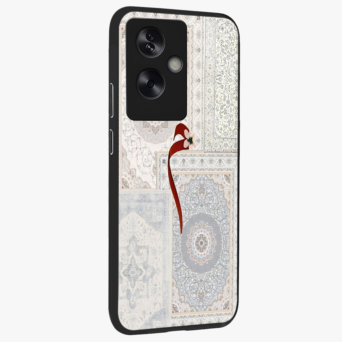 White Aesthetic Bow Glass Case upright view showcasing delicate ribbon bow artwork with cute minimalist theme.