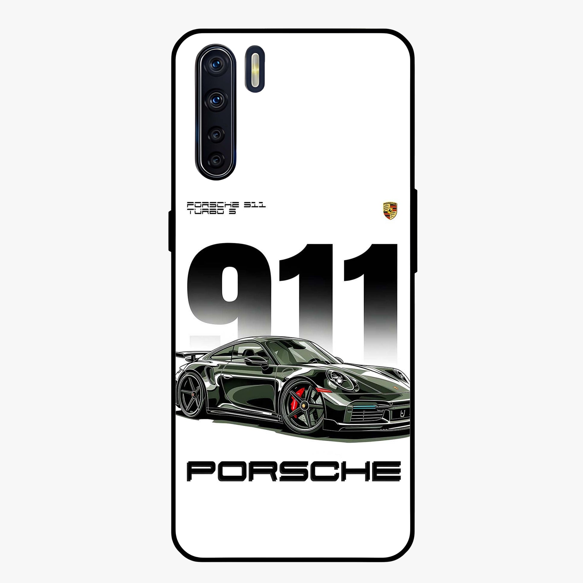 911 Turbo Dominance Glass Case showing clean flat back view with bold 911 sports car artwork and glossy glass finish.