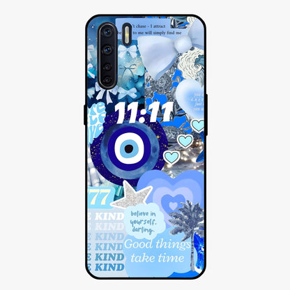 Aesthetic Be Kind Eye Glass Case showing flat back view with motivational eye artwork and glossy glass finish.