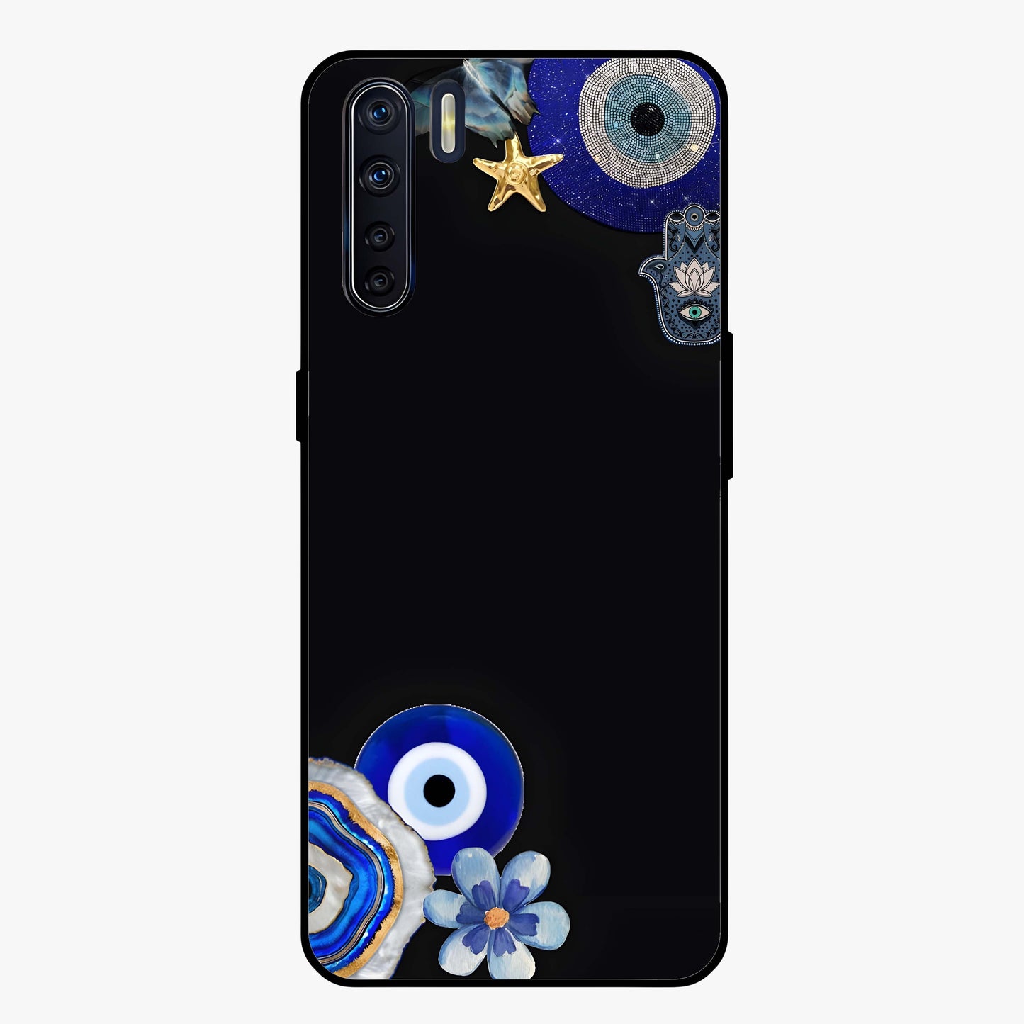 Aesthetic Blue Evil Eye Glass Case showing flat back view with protective evil eye artwork and glossy glass finish.
