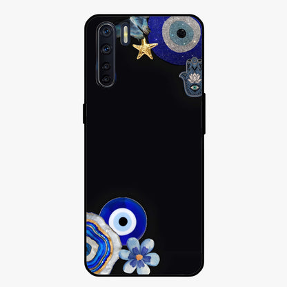 Aesthetic Blue Evil Eye Glass Case showing flat back view with protective evil eye artwork and glossy glass finish.