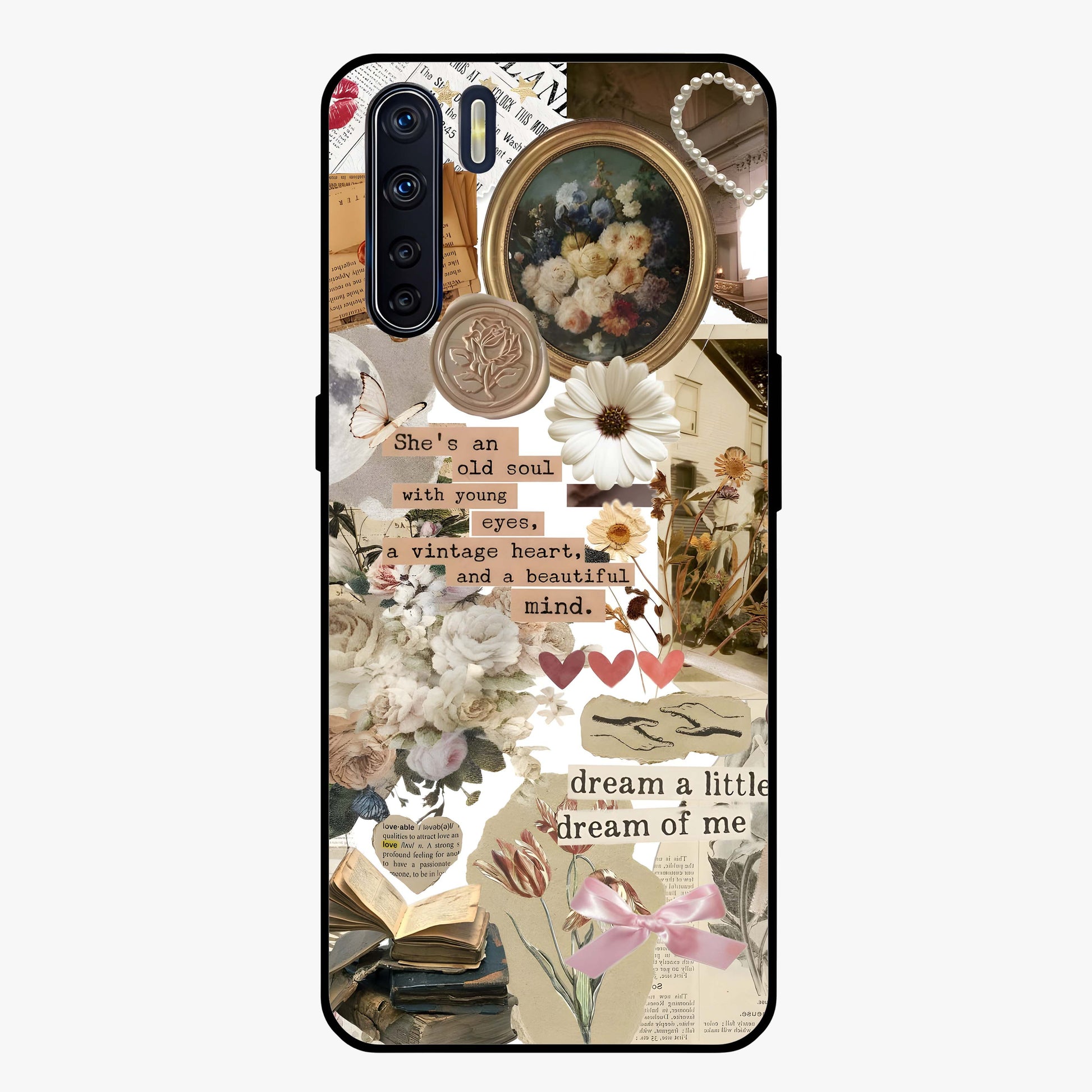 Aesthetic Brown Vintage Collage Glass Case showing flat back view with retro collage artwork and glossy glass finish.