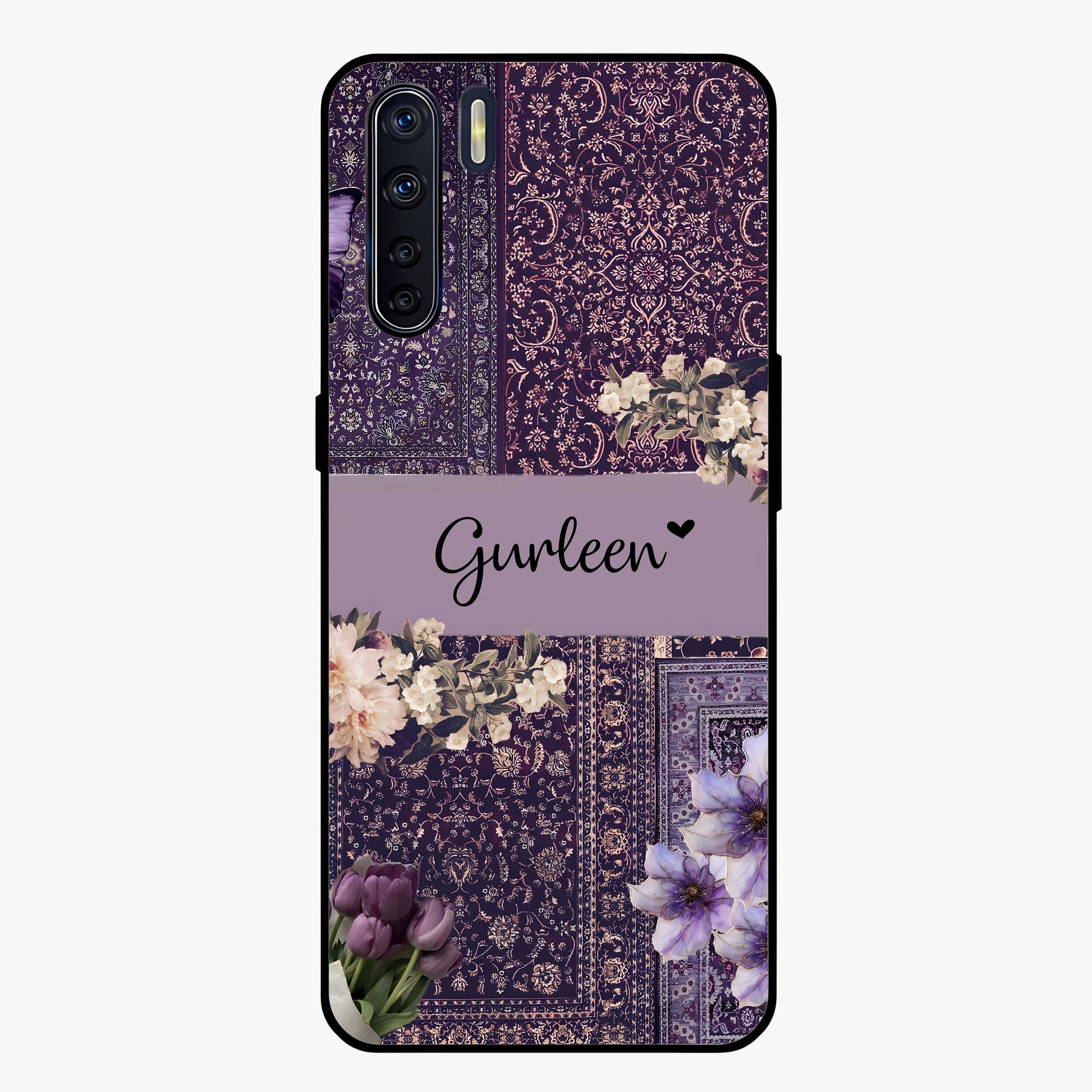 Antique Floral Whisper Custom Name Glass Case showing flat back view with vintage floral artwork and personalized name design.