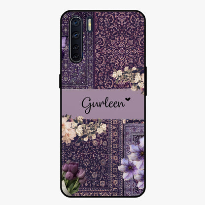Antique Floral Whisper Custom Name Glass Case showing flat back view with vintage floral artwork and personalized name design.