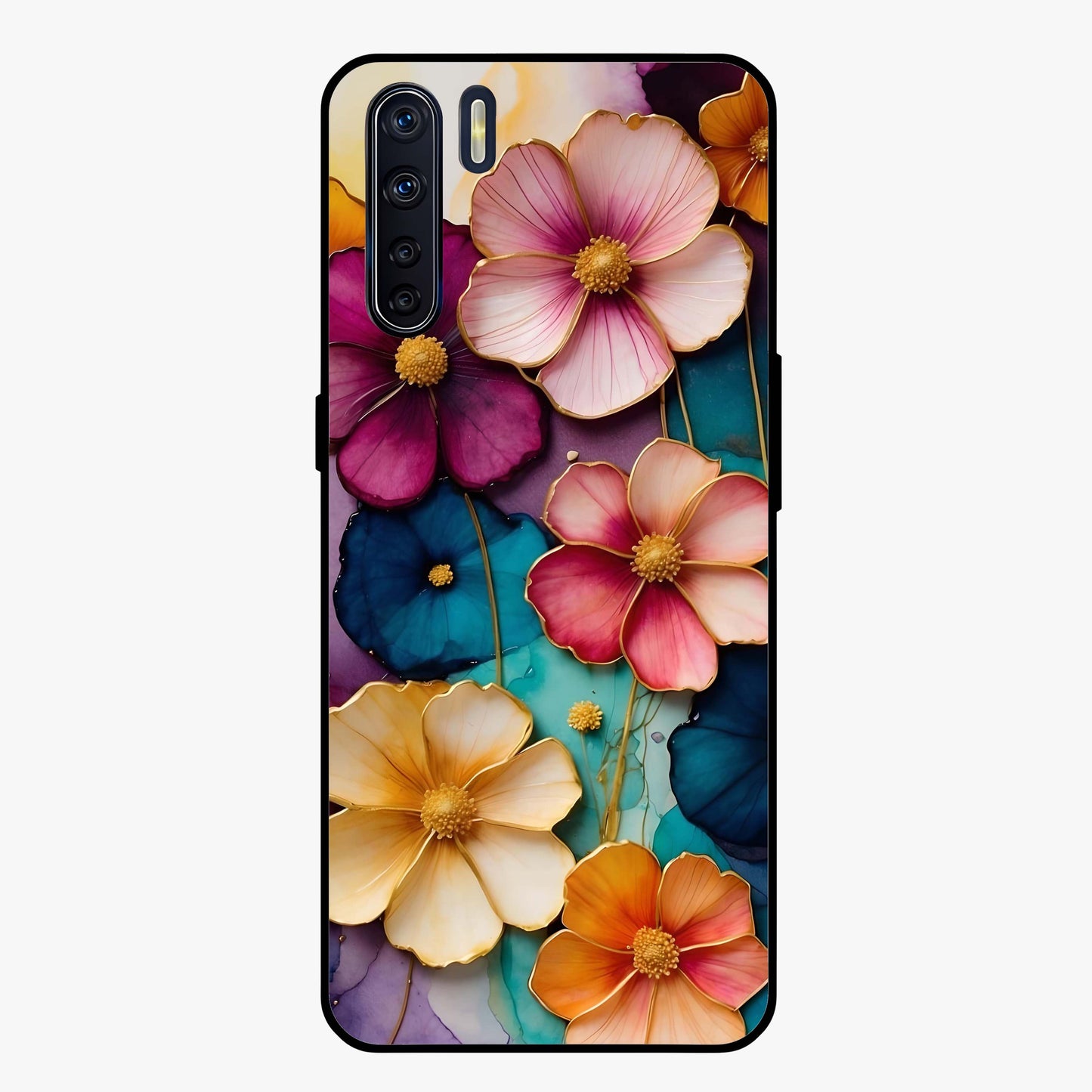 Artlyn Grace Flower Pattern Glass Case showing flat back view with elegant floral pattern artwork and glossy glass finish.