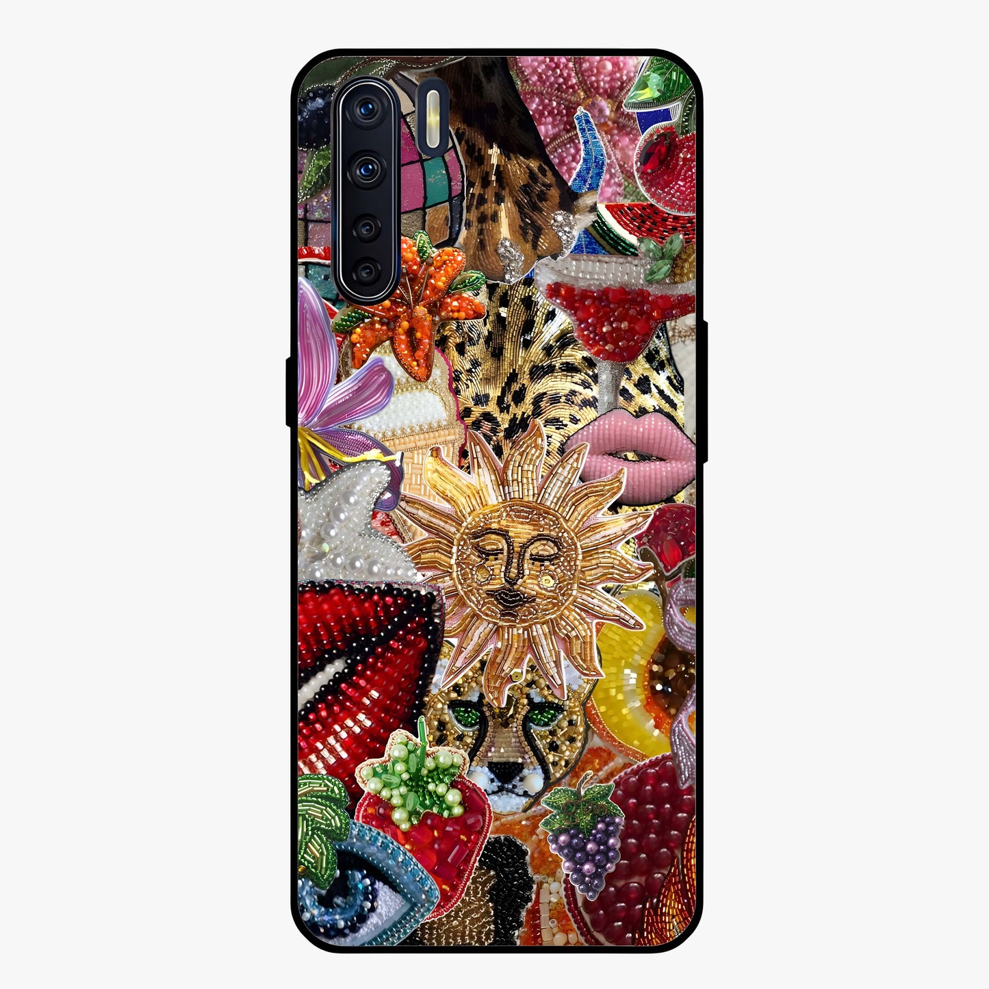 Beaded Fashion Jungle Glass Case showing flat back view with vibrant jungle inspired bead artwork and glossy glass finish.