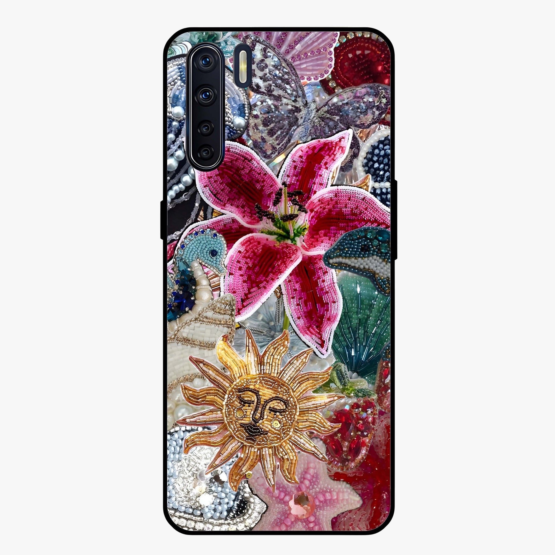 Beaded Garden Fantasy Glass Case showing flat back view with dreamy garden bead artwork and glossy glass finish.
