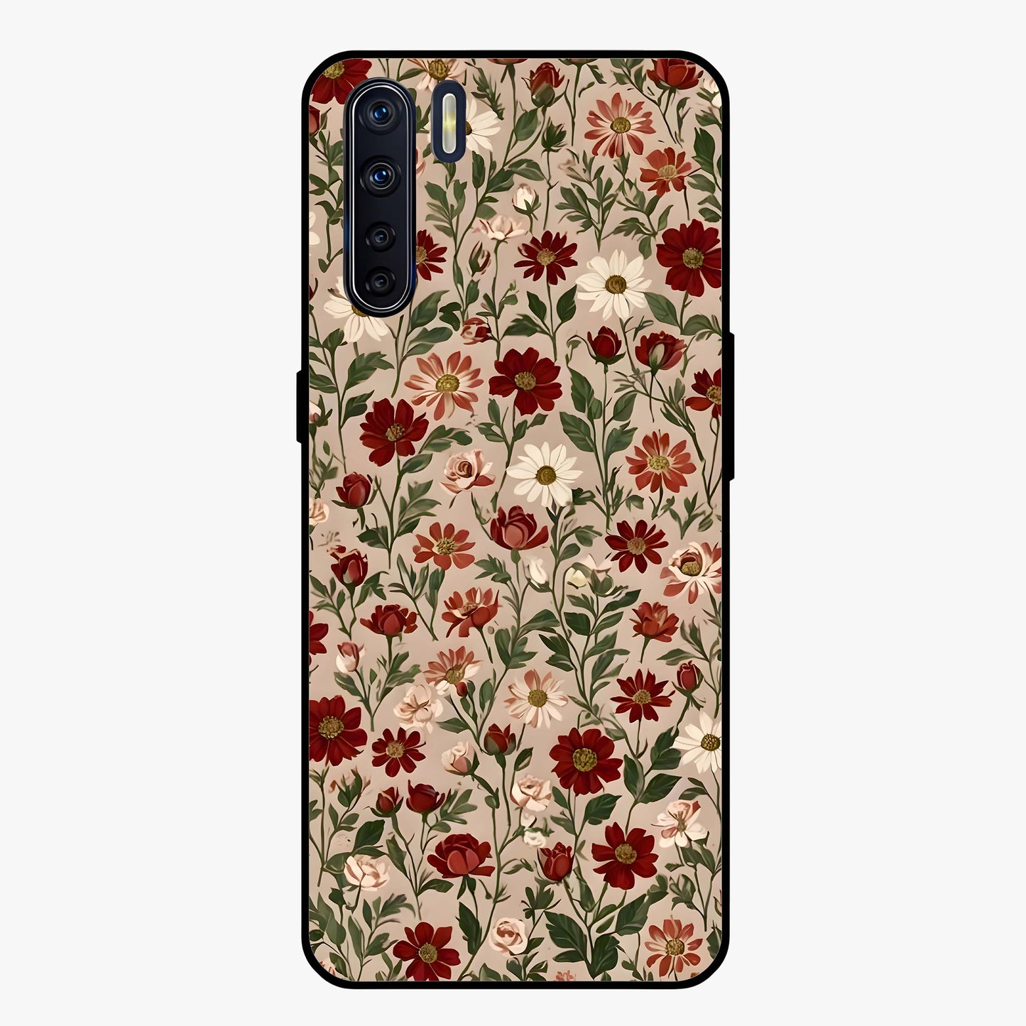 Biege Flower With Leaf Glass Case showing flat back view with soft beige floral artwork and glossy glass finish.