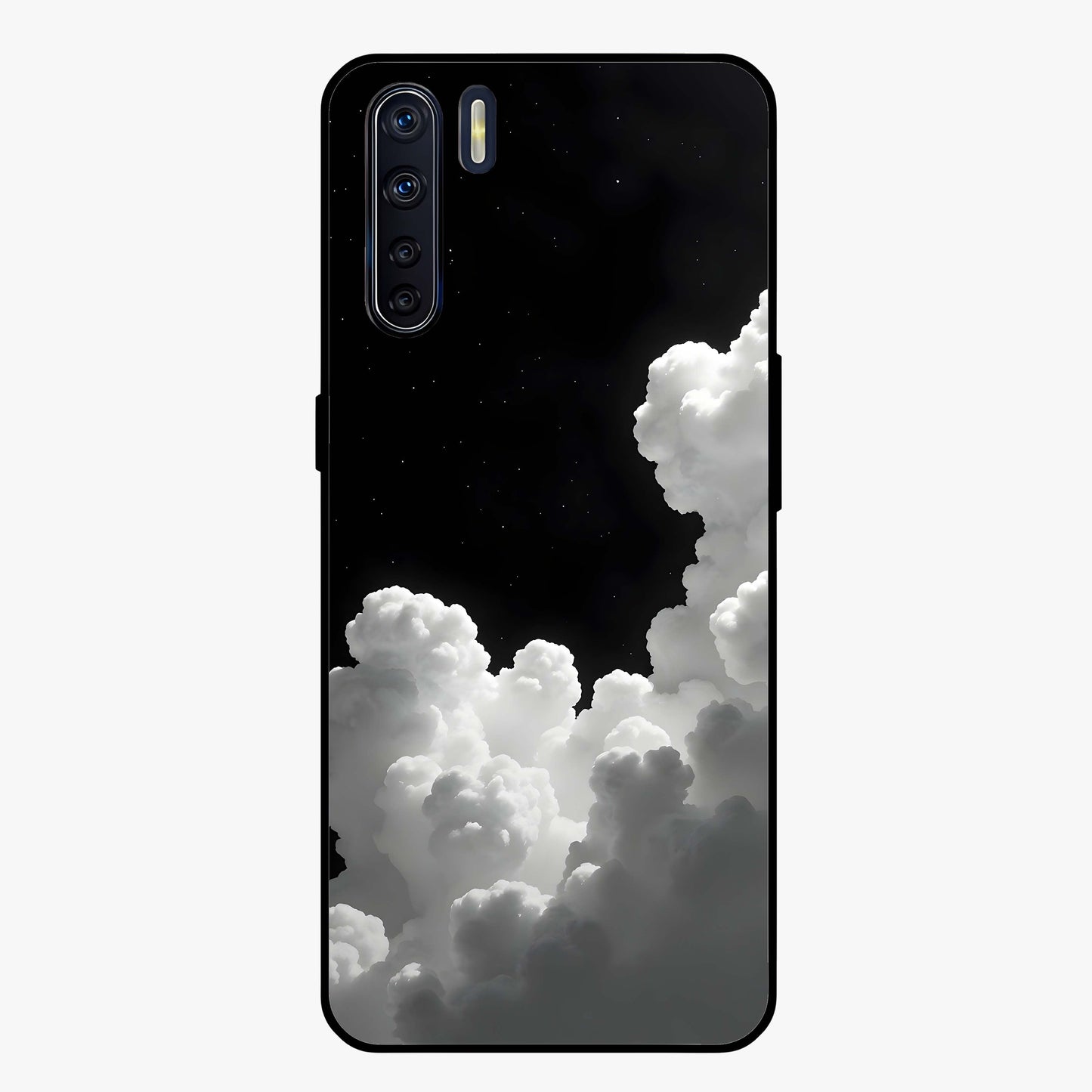 Black Background With White Cloud Glass Case showing flat back view with minimal cloud artwork on dark background and glossy glass finish.