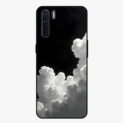 Black Background With White Cloud Glass Case showing flat back view with minimal cloud artwork on dark background and glossy glass finish.