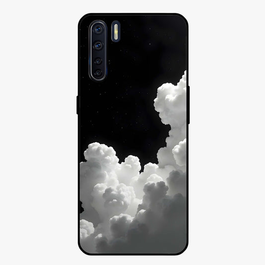Black Background With White Cloud Glass Case showing flat back view with minimal cloud artwork on dark background and glossy glass finish.