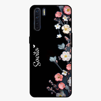 Black Elegance Floral Custom Name Glass Case showing flat back view with elegant floral artwork and personalized name design.