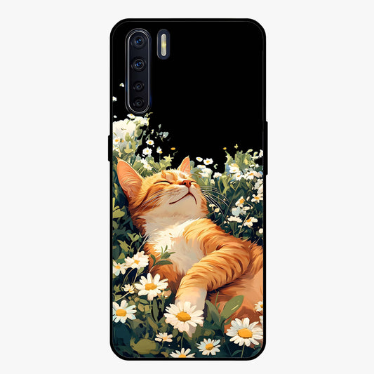 Blissful Bloom Cat Glass Case showing flat back view with cute cat and floral bloom artwork and glossy glass finish.