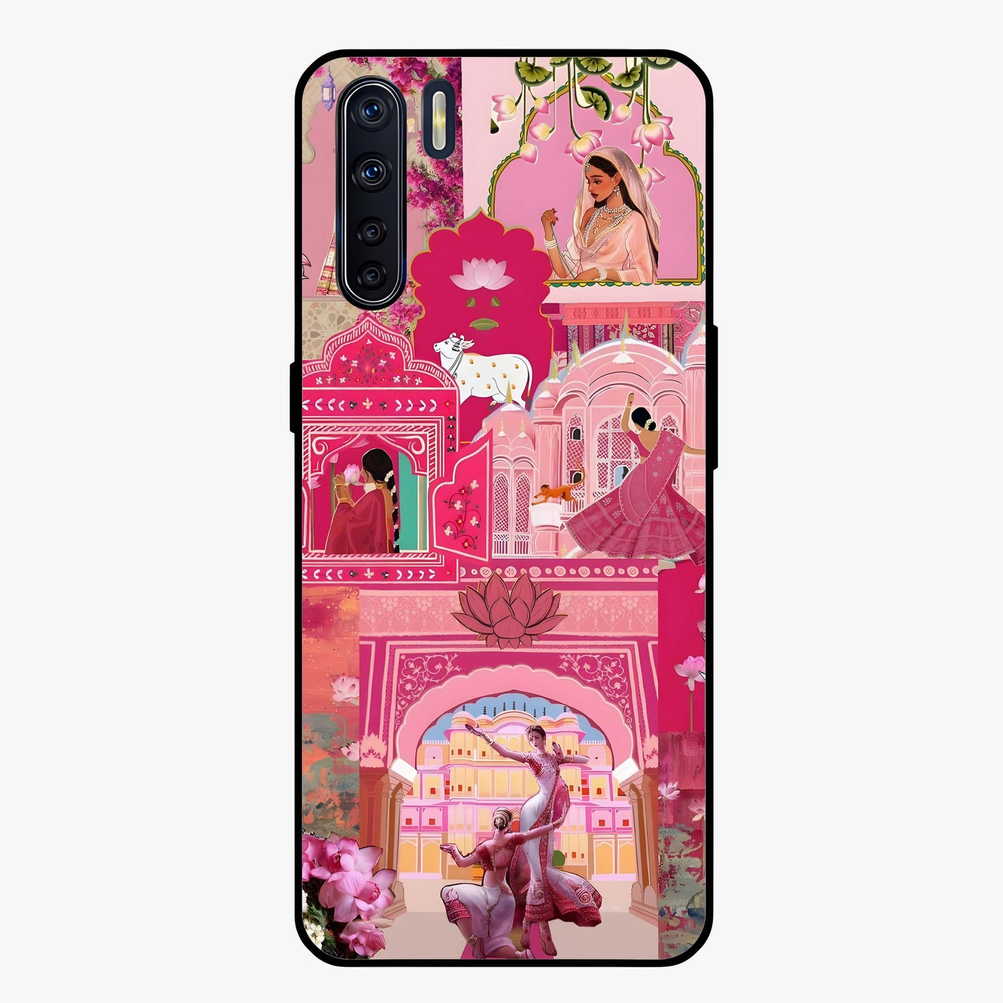 Blossoms of Rajasthan Glass Case showing flat back view with traditional floral artwork inspired by Rajasthan and glossy glass finish.
