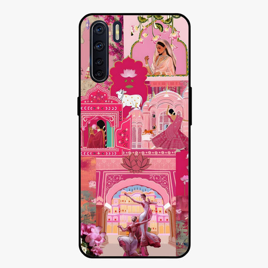Blossoms of Rajasthan Glass Case showing flat back view with traditional floral artwork inspired by Rajasthan and glossy glass finish.