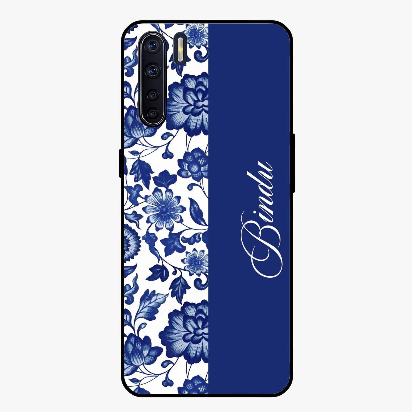 Blue Vintage Floral Pattern Glass Case upright view showcasing timeless floral illustration with vintage inspired style.