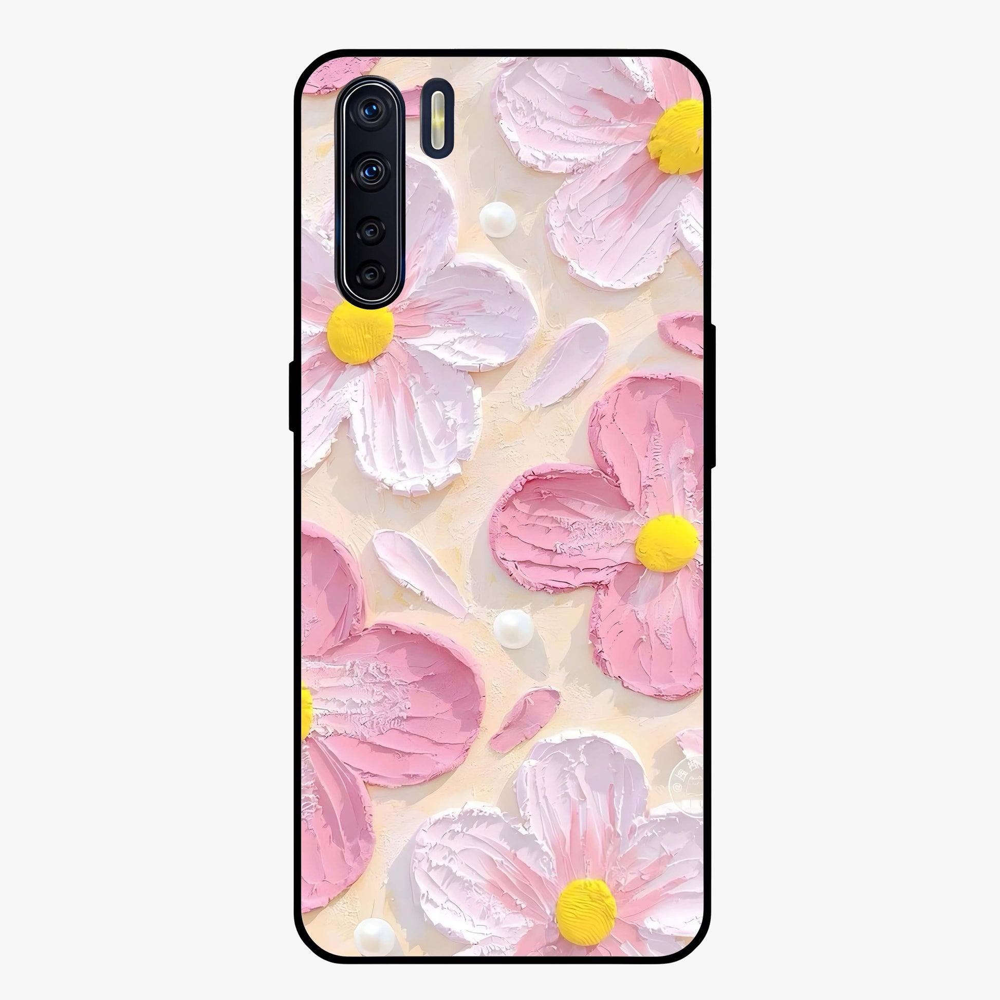 Blush Bloom Texture Glass Case showing flat back view with soft blush floral texture artwork and glossy glass finish.