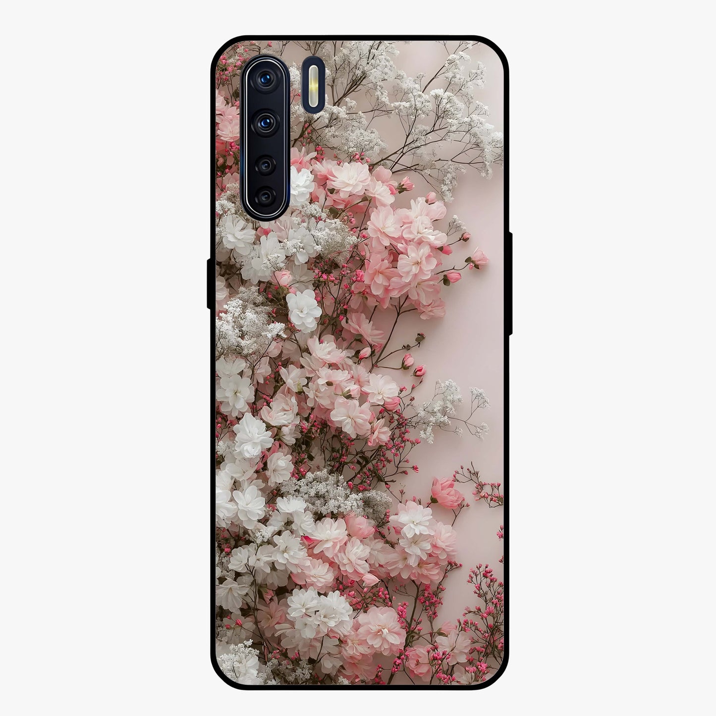 Blush Blossom Cloud Glass Case showing flat back view with dreamy blush cloud blossom artwork and glossy glass finish.