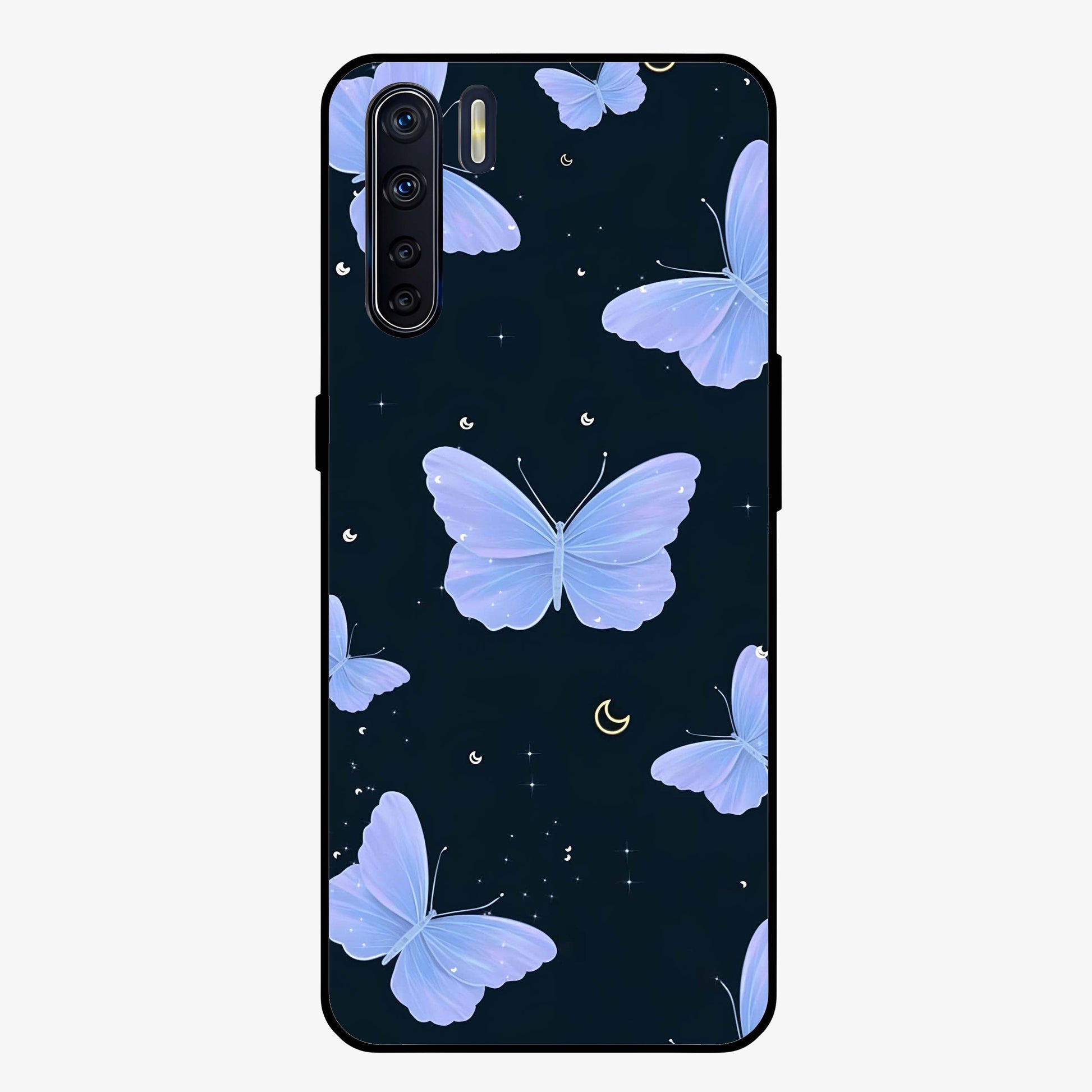 Butterfly With Stars Pattern Glass Case showing flat back view with butterfly and star pattern artwork and glossy glass finish.