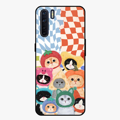 Cats in Fruits Glass Case showing flat back view with playful cat illustrations inside fruit artwork and glossy glass finish.