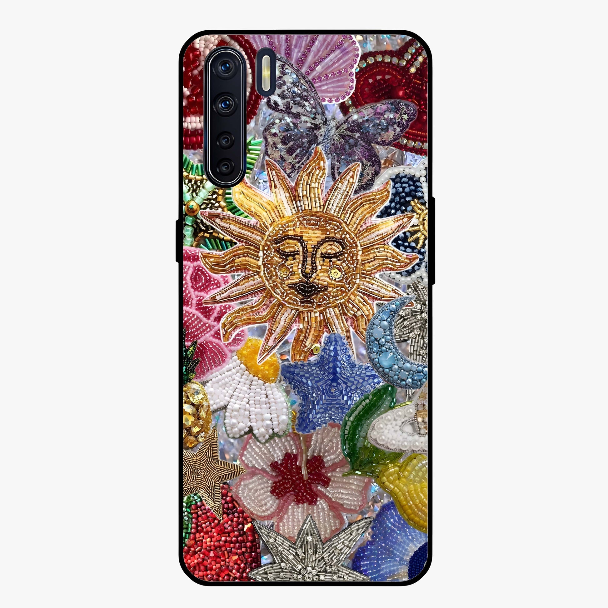Celestial Floral and Playful Glass Case showing flat back view with floral and celestial themed artwork and glossy glass finish.