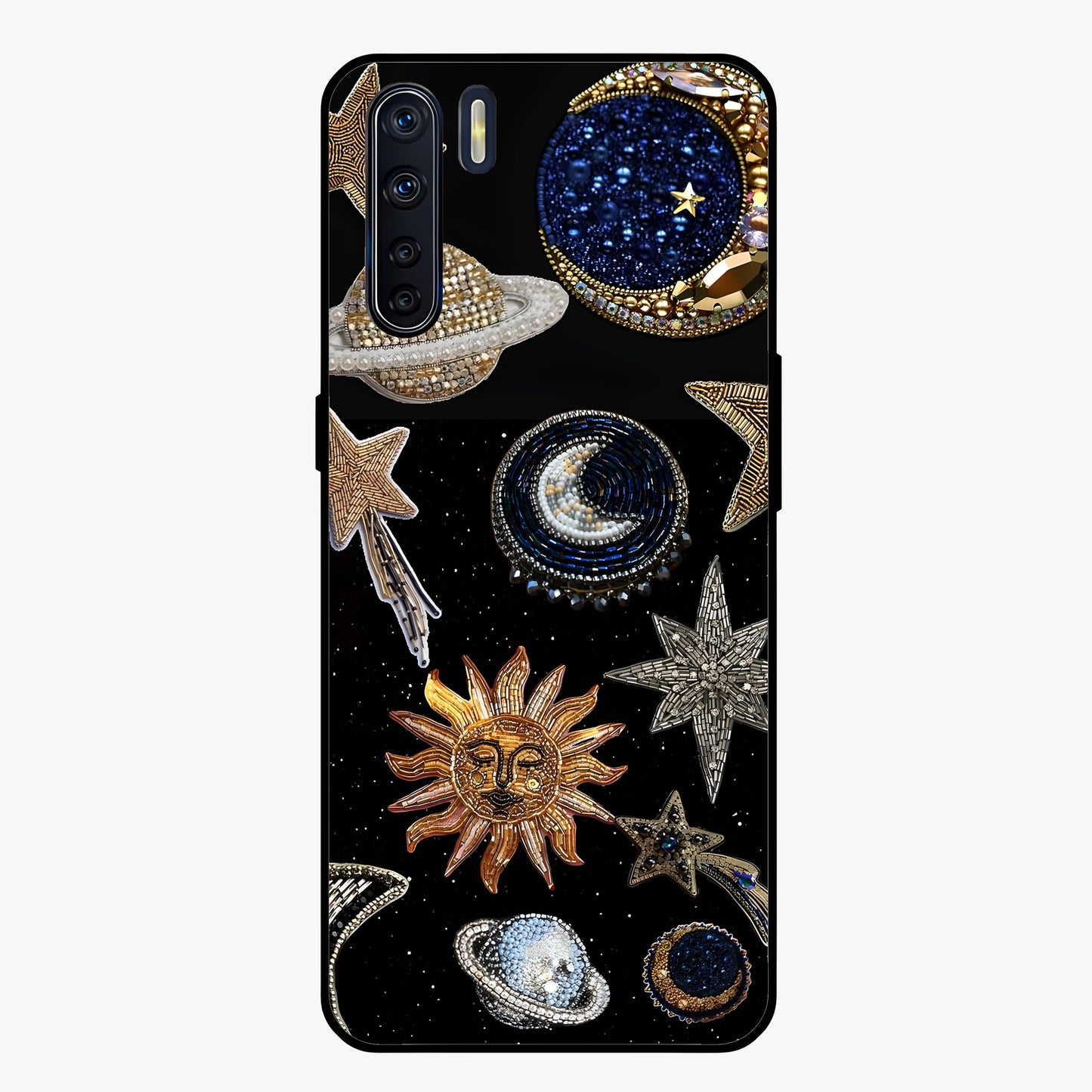Celestial Gem Constellations Glass Case showing flat back view with sparkling constellation artwork and glossy glass finish.