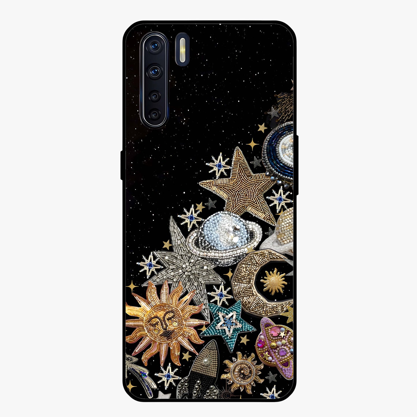 Cosmic Sparkle Dreams Glass Case showing flat back view with sparkling cosmic artwork and glossy glass finish.