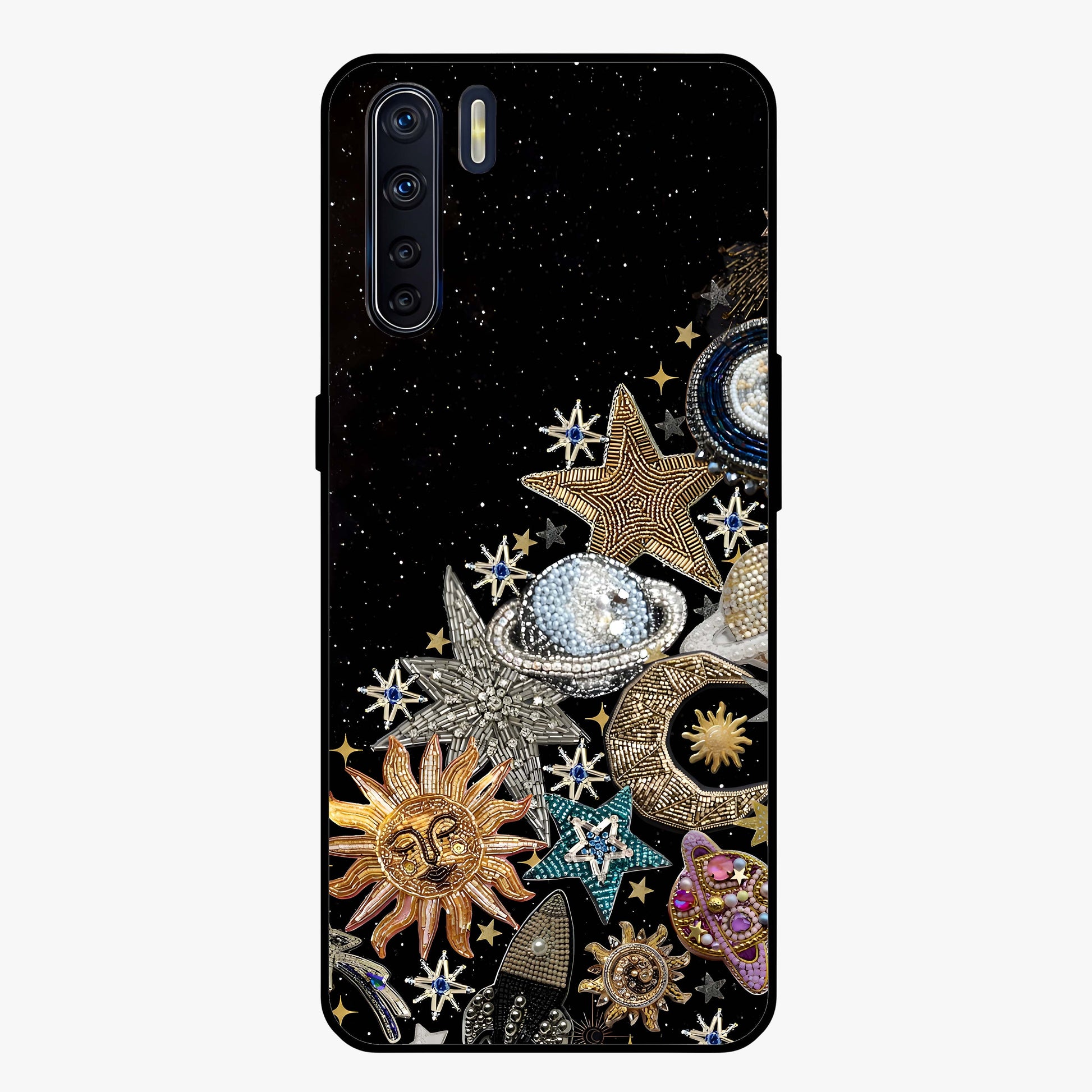 Cosmic Sparkle Dreams Glass Case showing flat back view with sparkling cosmic artwork and glossy glass finish.