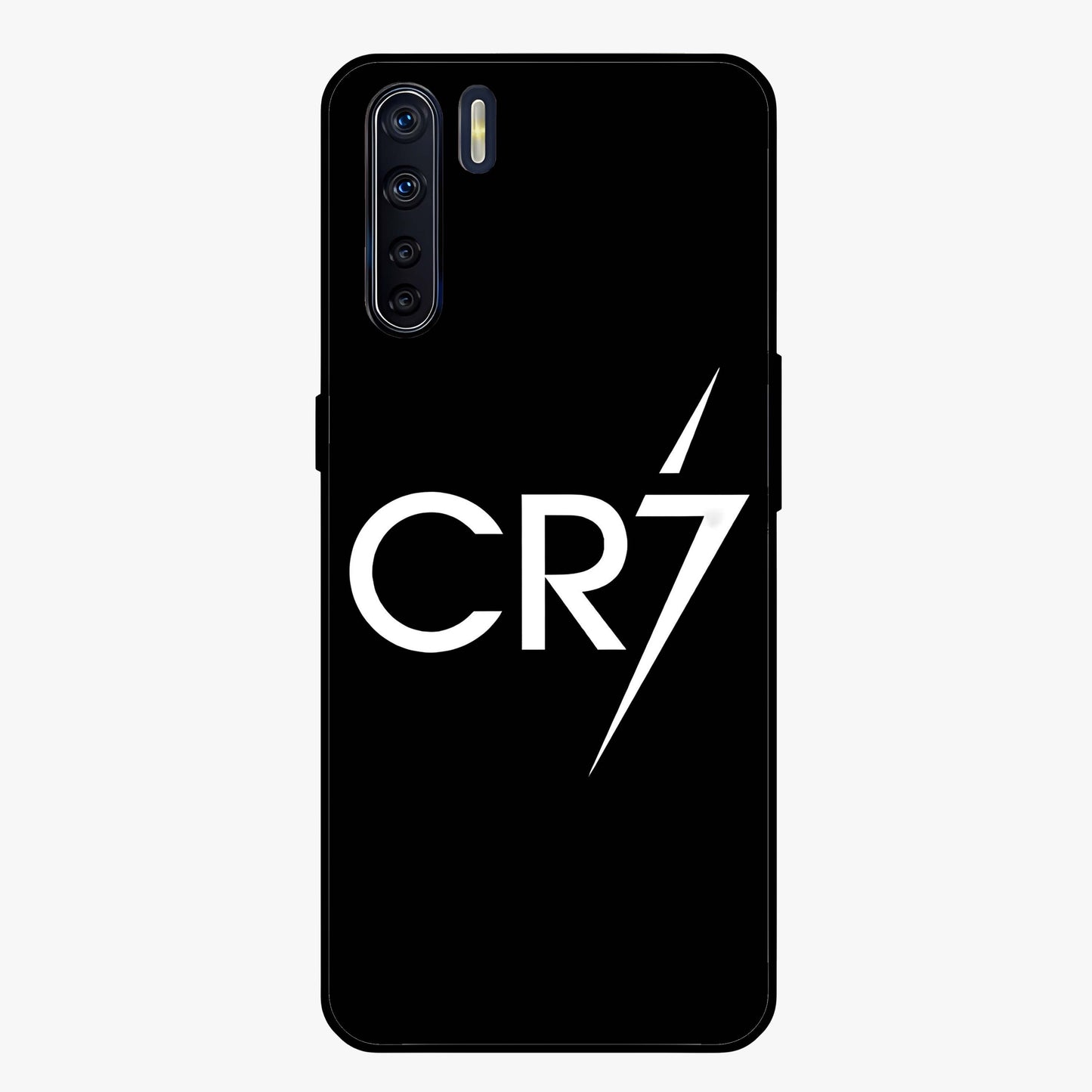 Cr7 Elite Strike Glass Case showing flat back view with dynamic football inspired artwork and glossy glass finish.
