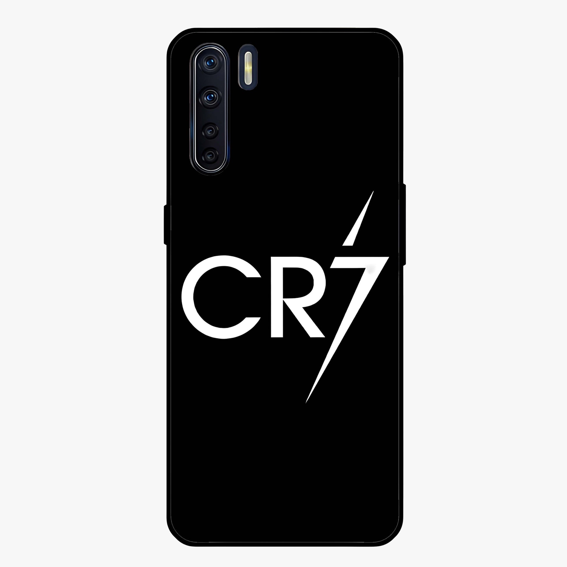 Cr7 Elite Strike Glass Case showing flat back view with dynamic football inspired artwork and glossy glass finish.