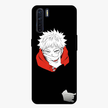 Crimson Chaos Smile Glass Case showing flat back view with bold chaotic smile artwork and glossy glass finish.