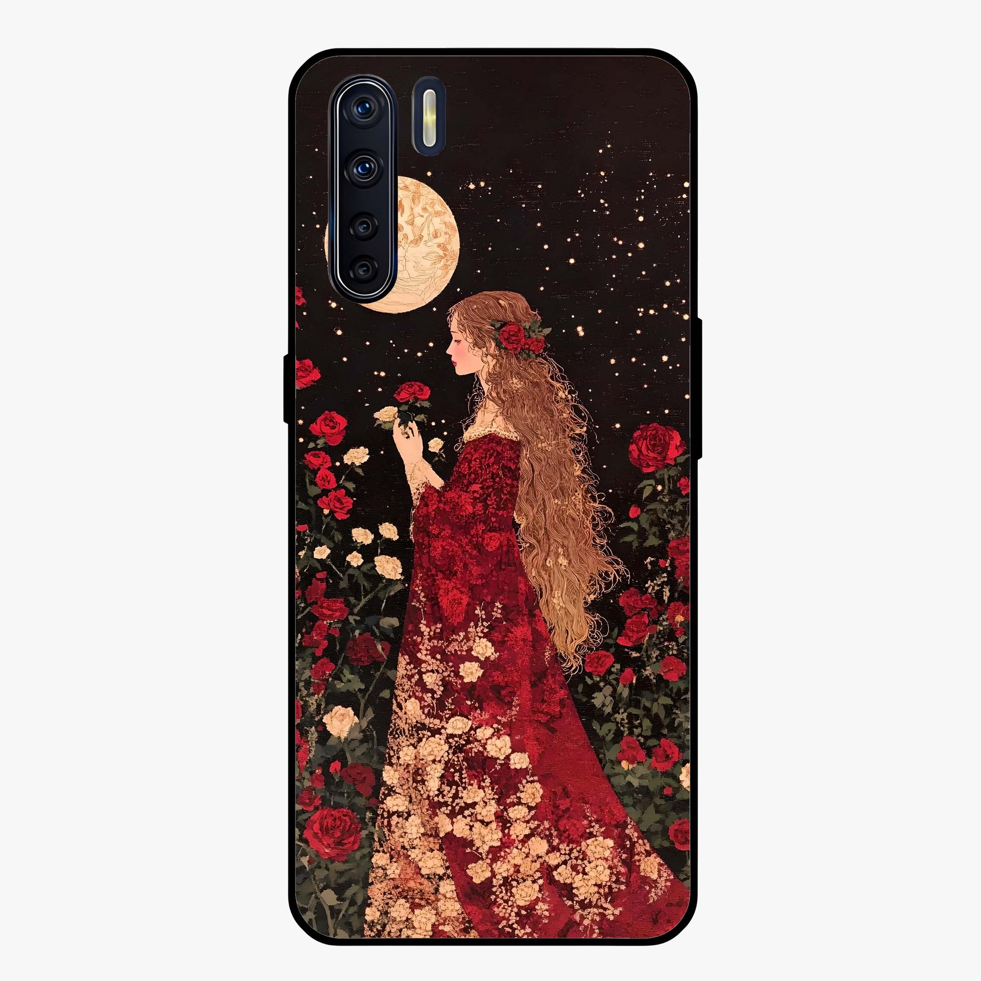 Crimson Dreams Glass Case showing flat back view with dreamy crimson artwork and glossy glass finish.