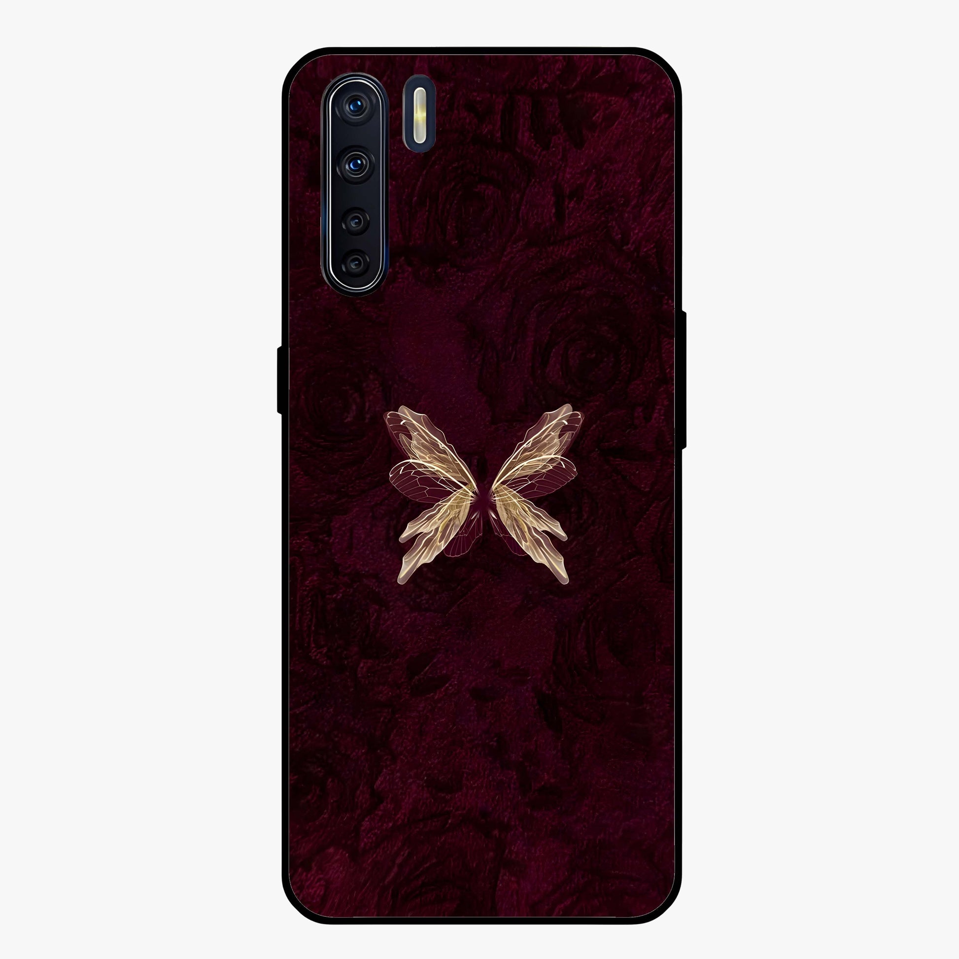 Crimson Fade Butterfly Glass Case showing flat back view with fading butterfly artwork and glossy glass finish.