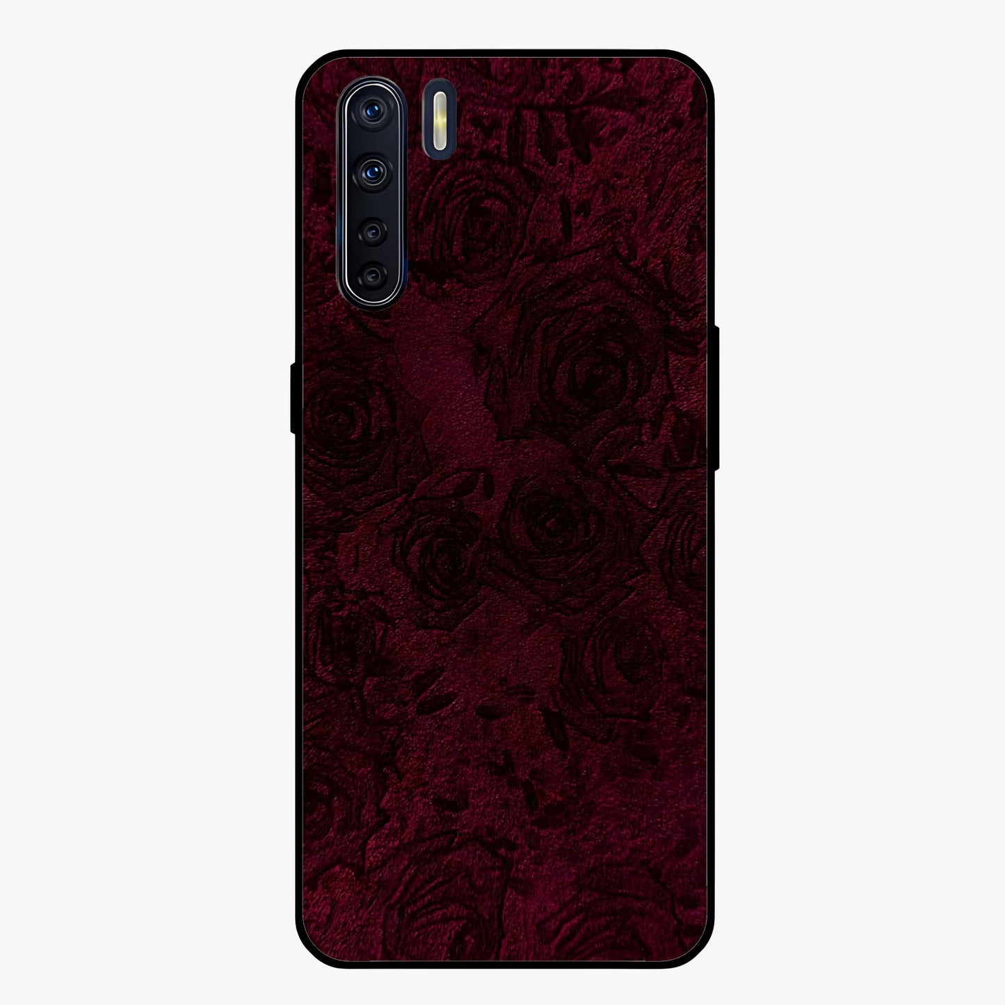 Crimson Fade Flow Glass Case showing flat back view with flowing crimson gradient artwork and glossy glass finish.