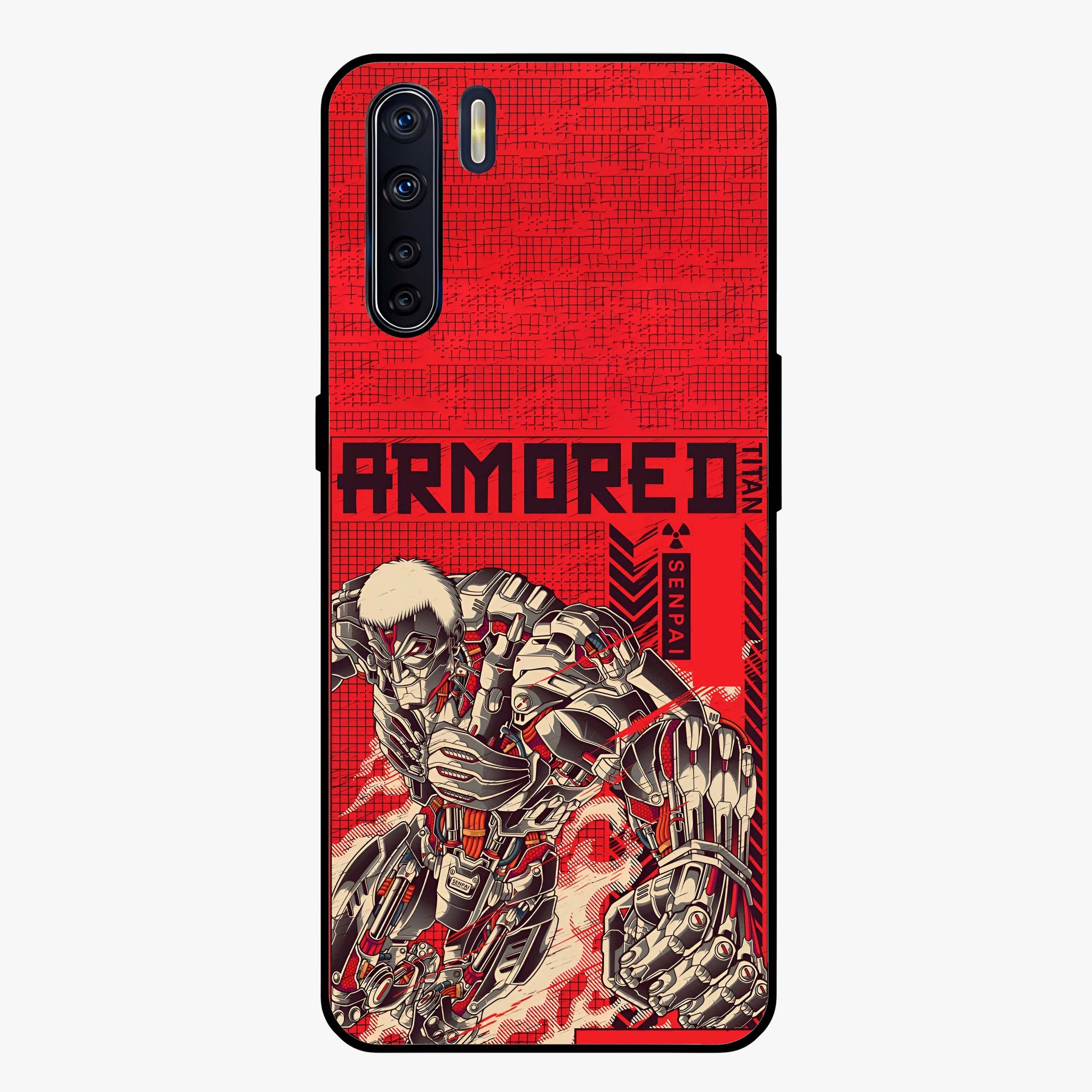 Crimson Mecha Titan Glass Case showing flat back view with powerful mech titan artwork and glossy glass finish.