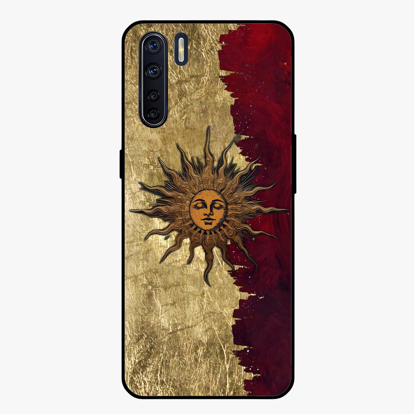 Crimson Sun Majesty Glass Case showing flat back view with radiant sun inspired artwork and glossy glass finish.