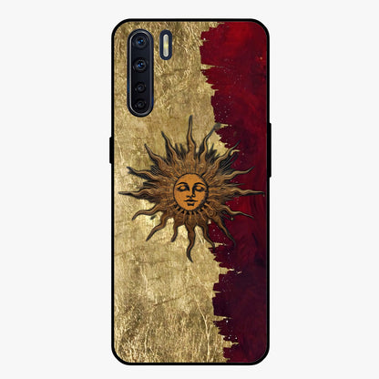 Crimson Sun Majesty Glass Case showing flat back view with radiant sun inspired artwork and glossy glass finish.