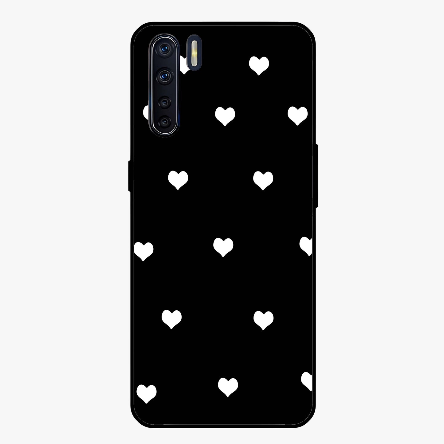 Cute And Simple White Hearts Glass Case showing flat back view with minimal white heart pattern and glossy glass finish.