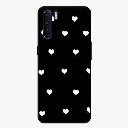 Cute And Simple White Hearts Glass Case showing flat back view with minimal white heart pattern and glossy glass finish.
