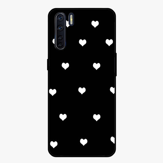 Cute And Simple White Hearts Glass Case showing flat back view with minimal white heart pattern and glossy glass finish.