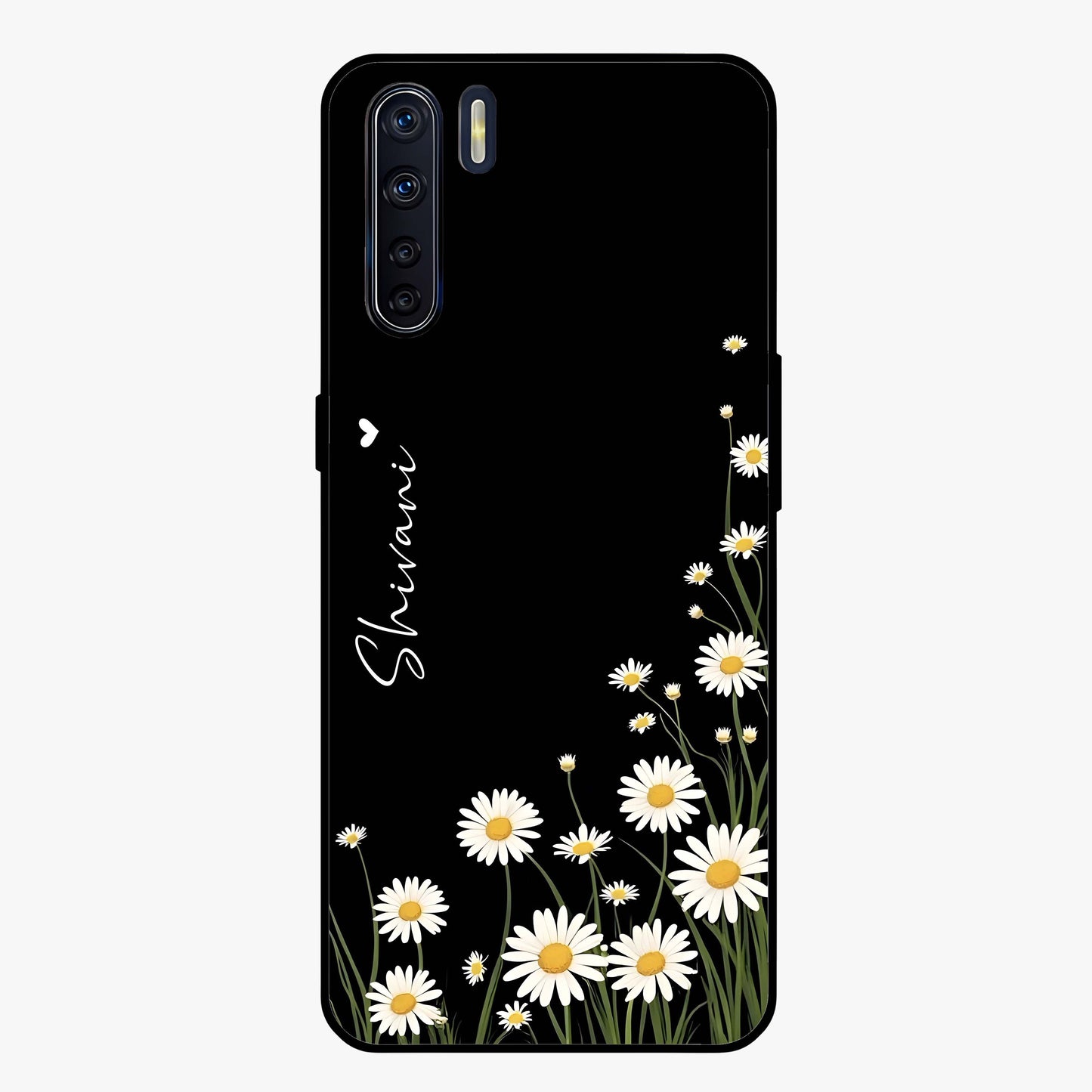 Daisy Cascade Custom Name Glass Case showing flat back view with cascading daisy flowers and personalized name design.